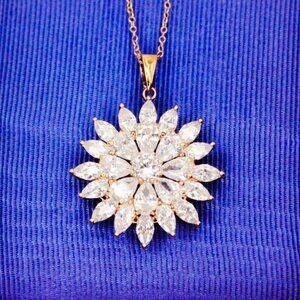 Sterling Silver 925 Gold Vermeil MARQUISE CZ FLOWER Pendant Necklace Signed BBJ